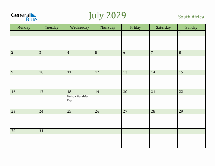 July 2029 Calendar with South Africa Holidays