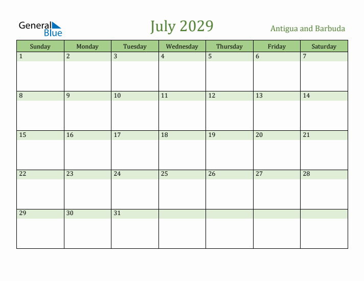 July 2029 Calendar with Antigua and Barbuda Holidays