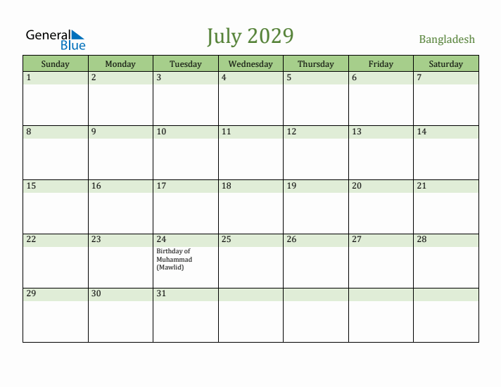 July 2029 Calendar with Bangladesh Holidays