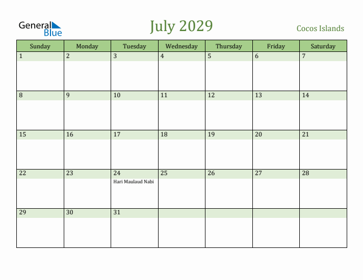 July 2029 Calendar with Cocos Islands Holidays