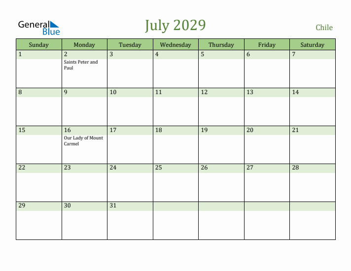 July 2029 Calendar with Chile Holidays