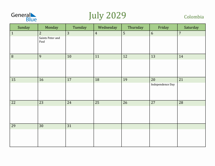 July 2029 Calendar with Colombia Holidays