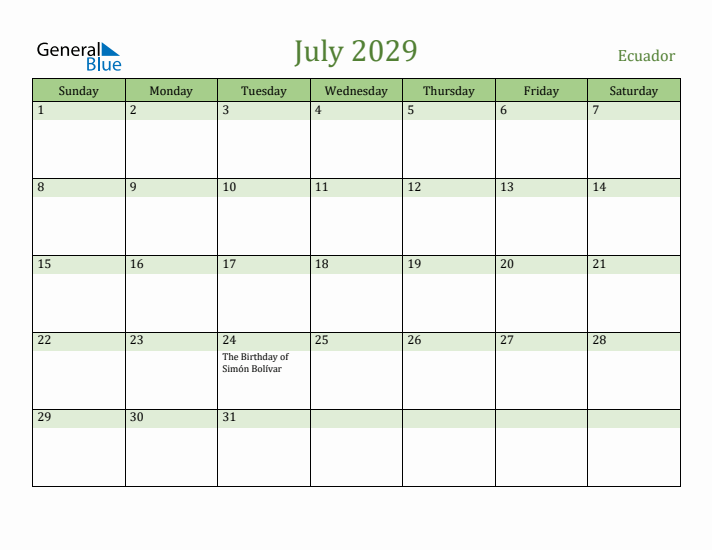 July 2029 Calendar with Ecuador Holidays