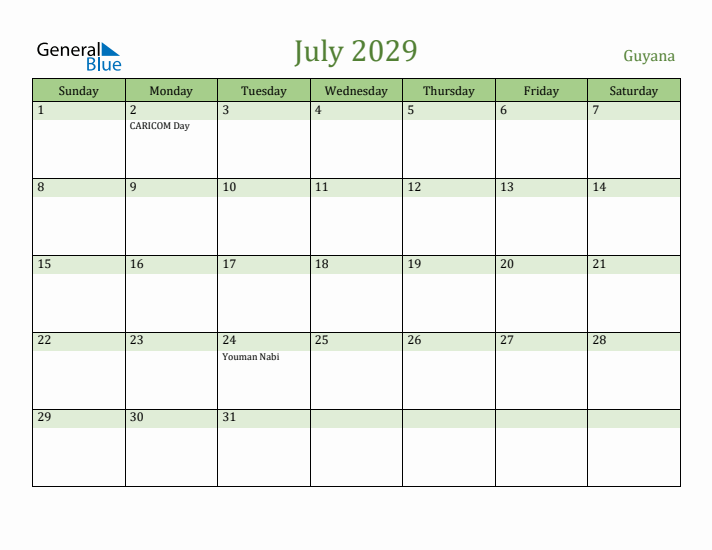 July 2029 Calendar with Guyana Holidays