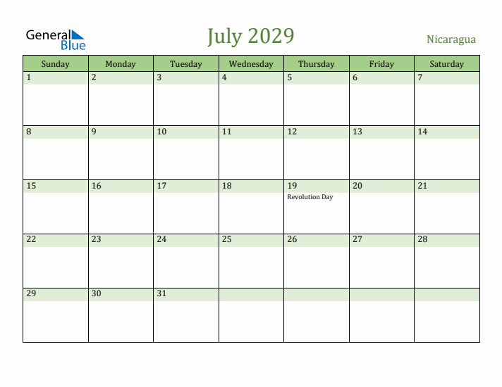 July 2029 Calendar with Nicaragua Holidays