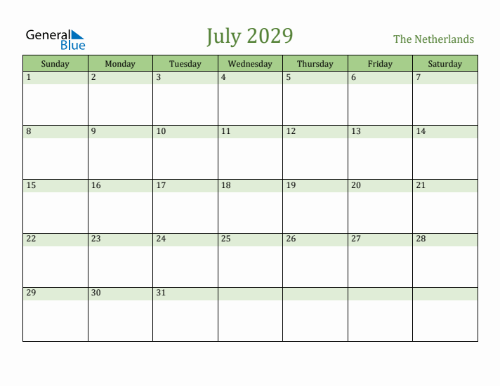 July 2029 Calendar with The Netherlands Holidays