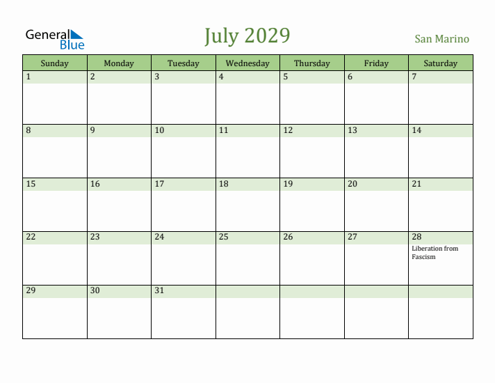 July 2029 Calendar with San Marino Holidays