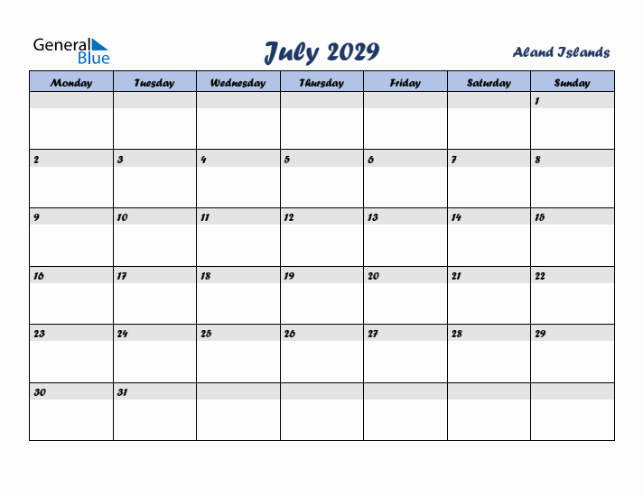 July 2029 Calendar with Holidays in Aland Islands