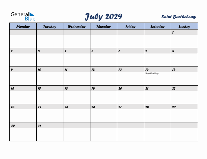 July 2029 Calendar with Holidays in Saint Barthelemy