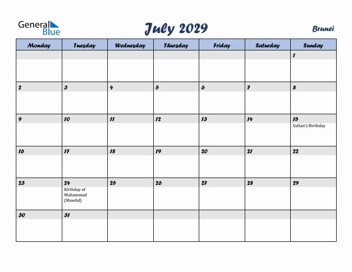 July 2029 Calendar with Holidays in Brunei