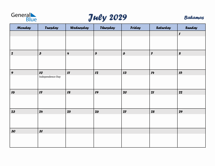 July 2029 Calendar with Holidays in Bahamas