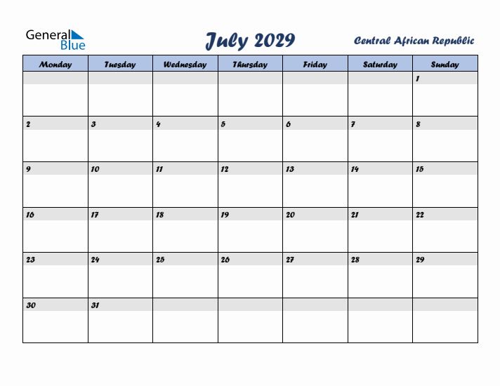 July 2029 Calendar with Holidays in Central African Republic