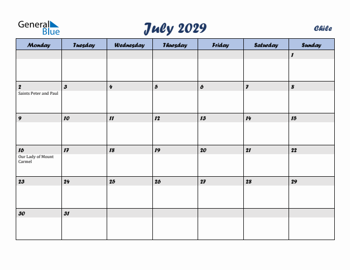 July 2029 Calendar with Holidays in Chile