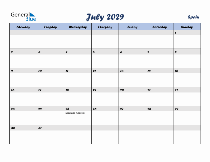 July 2029 Calendar with Holidays in Spain