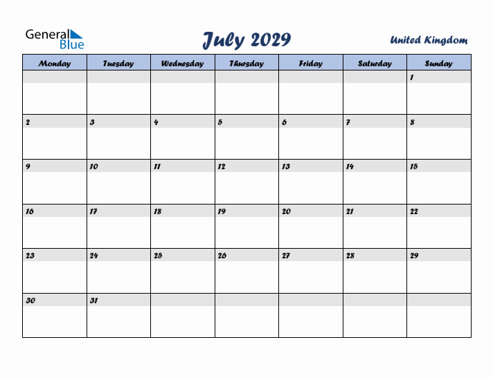 July 2029 Calendar with Holidays in United Kingdom