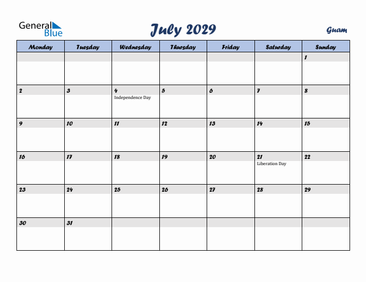 July 2029 Calendar with Holidays in Guam