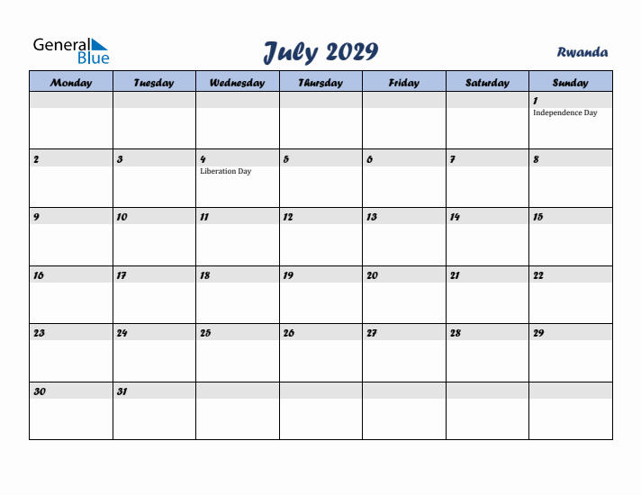 July 2029 Calendar with Holidays in Rwanda