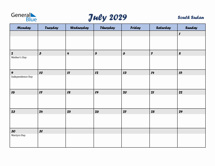 July 2029 Calendar with Holidays in South Sudan