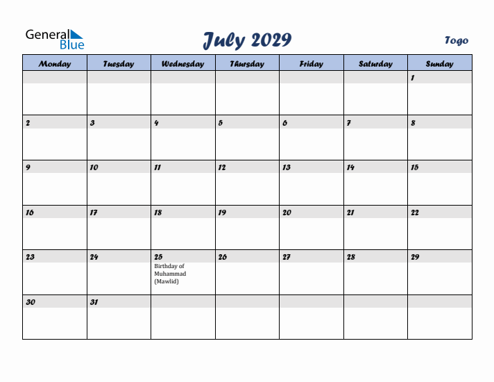 July 2029 Calendar with Holidays in Togo