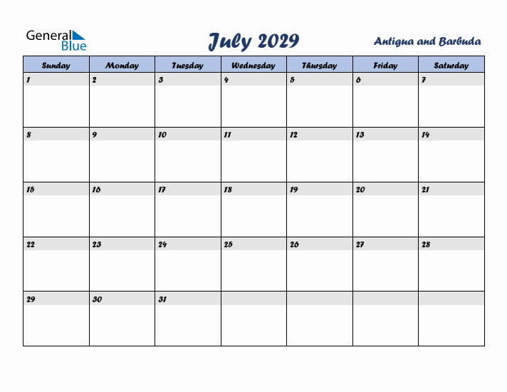 July 2029 Calendar with Holidays in Antigua and Barbuda