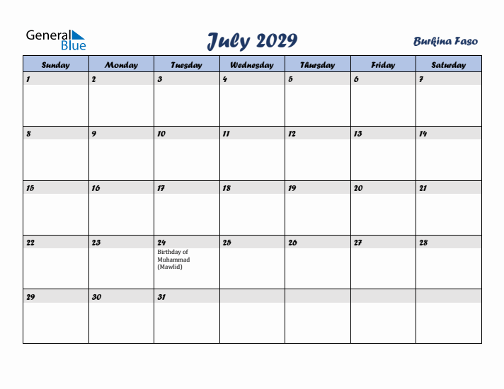 July 2029 Calendar with Holidays in Burkina Faso