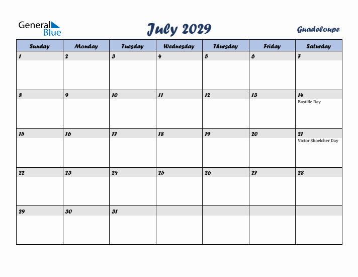 July 2029 Calendar with Holidays in Guadeloupe