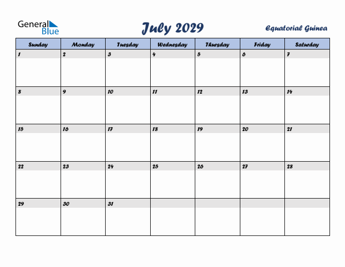 July 2029 Calendar with Holidays in Equatorial Guinea