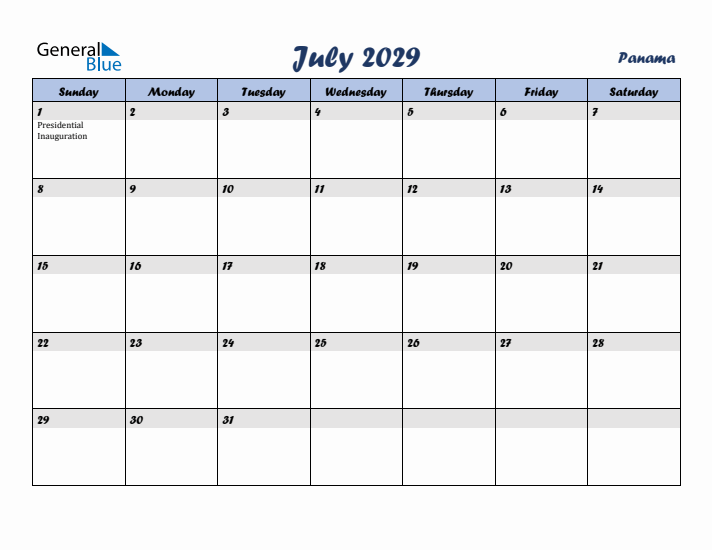 July 2029 Calendar with Holidays in Panama