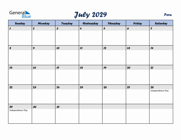 July 2029 Calendar with Holidays in Peru