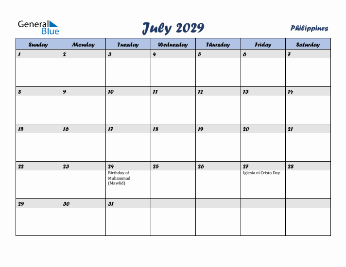 July 2029 Calendar with Holidays in Philippines