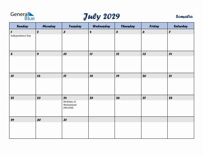 July 2029 Calendar with Holidays in Somalia