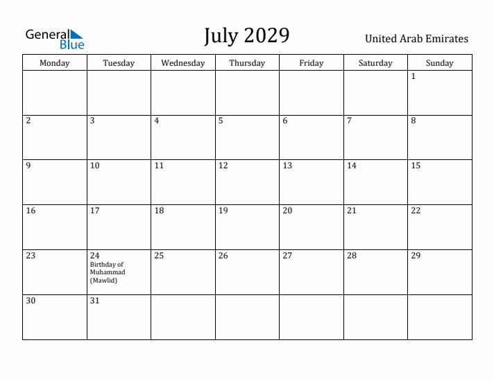 July 2029 Calendar United Arab Emirates