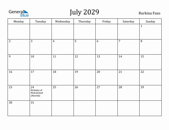 July 2029 Calendar Burkina Faso