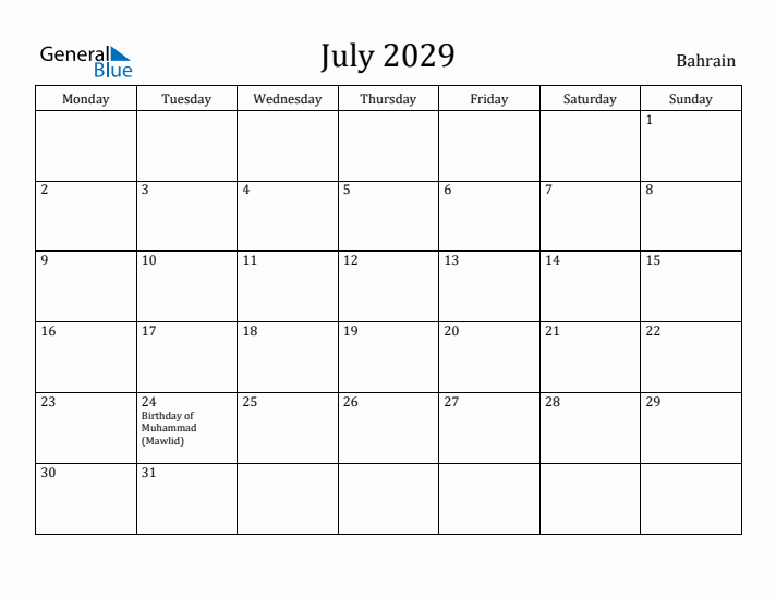 July 2029 Calendar Bahrain