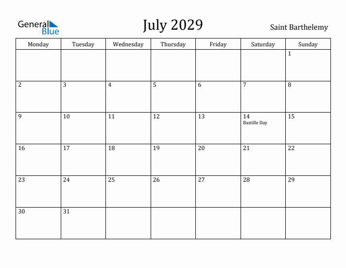 July 2029 Calendar Saint Barthelemy