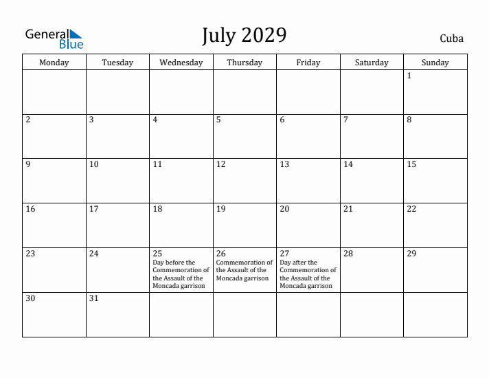 July 2029 Calendar Cuba