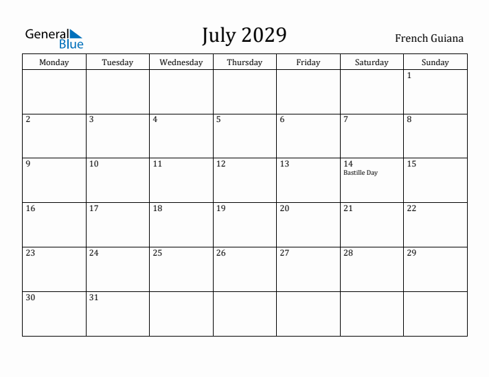 July 2029 Calendar French Guiana