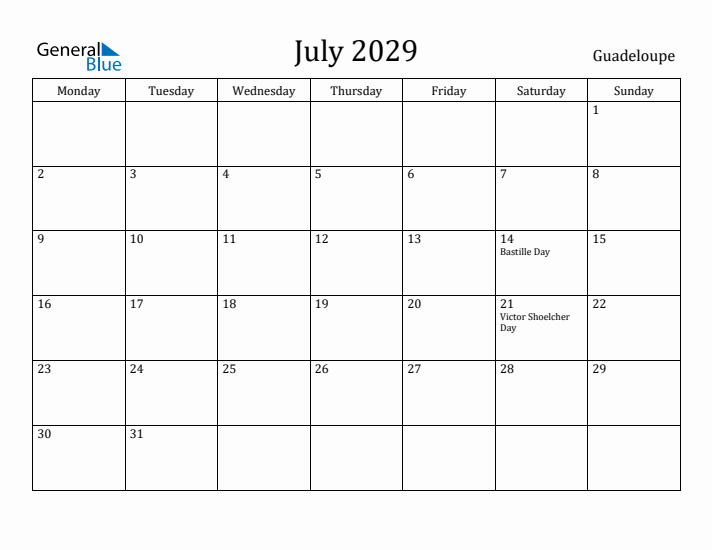 July 2029 Calendar Guadeloupe