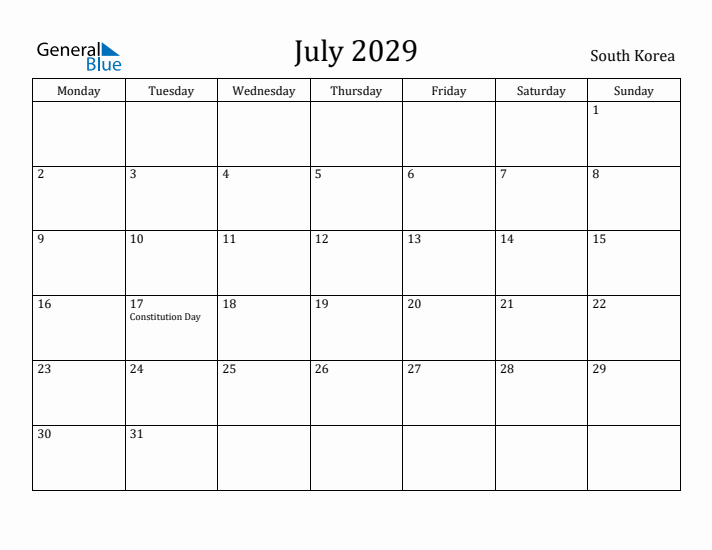 July 2029 Calendar South Korea