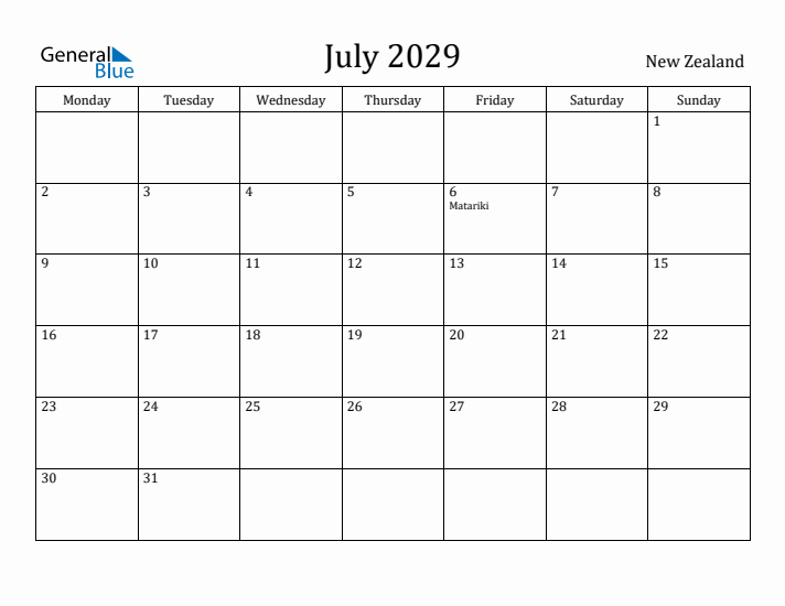 July 2029 Calendar New Zealand