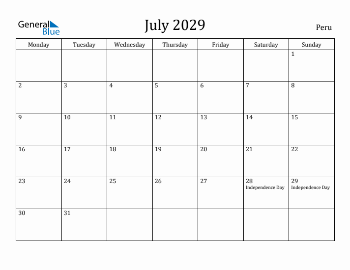 July 2029 Calendar Peru