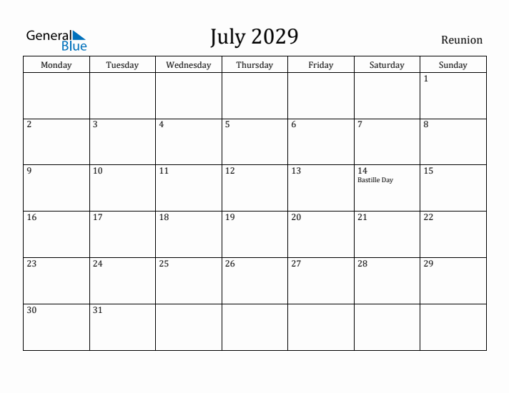 July 2029 Calendar Reunion