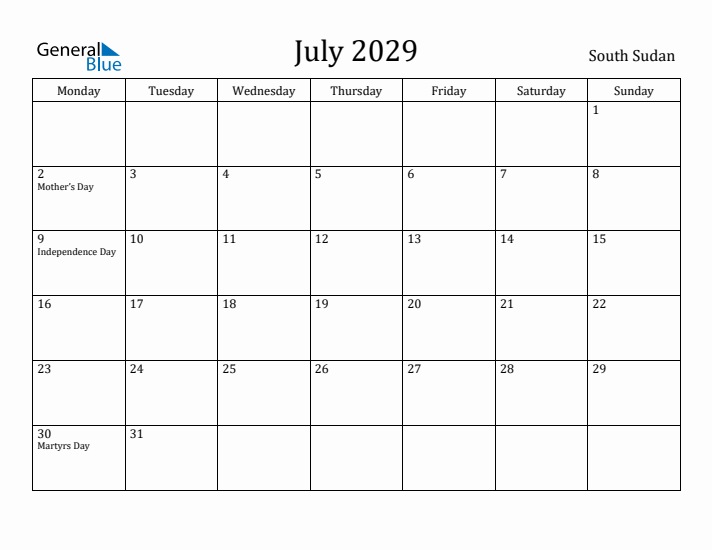 July 2029 Calendar South Sudan