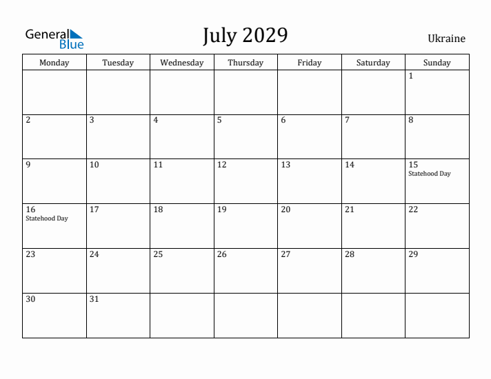 July 2029 Calendar Ukraine