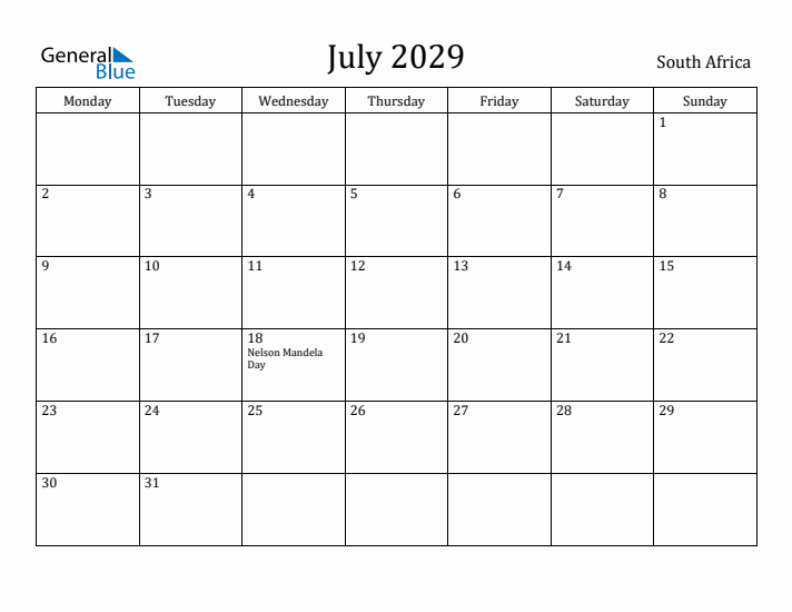 July 2029 Calendar South Africa