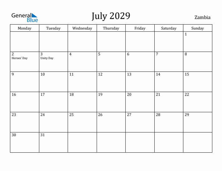 July 2029 Calendar Zambia