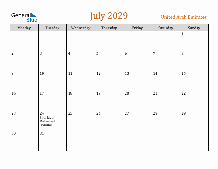 July 2029 Holiday Calendar with Monday Start