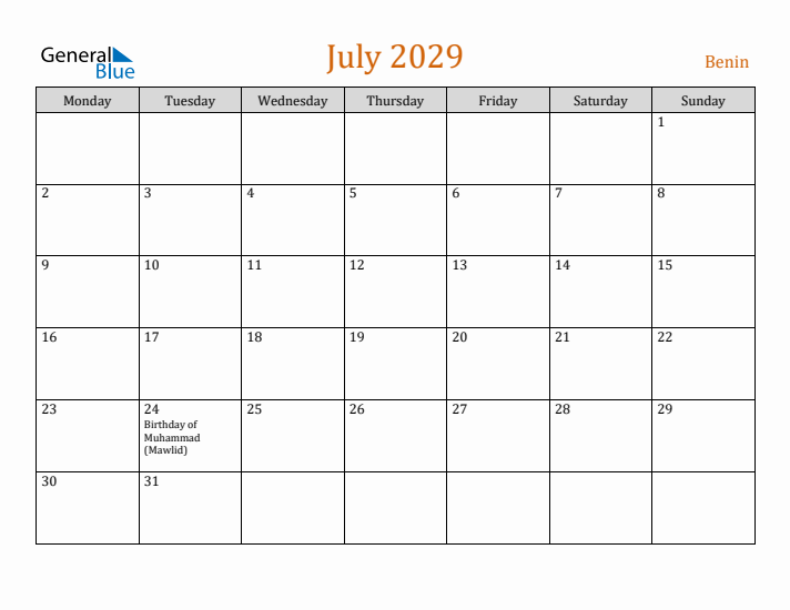 July 2029 Holiday Calendar with Monday Start