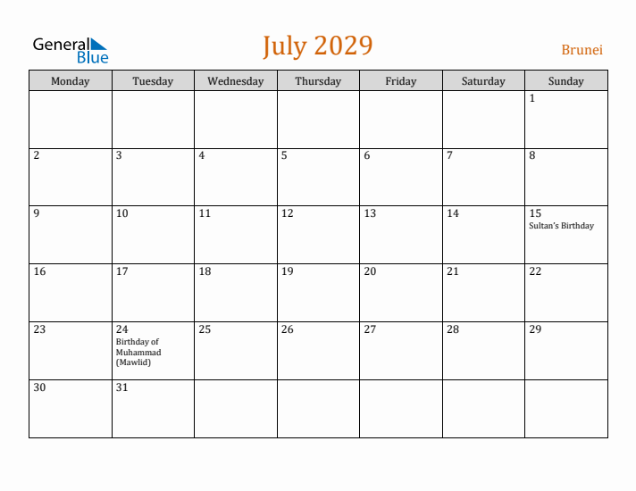 July 2029 Holiday Calendar with Monday Start