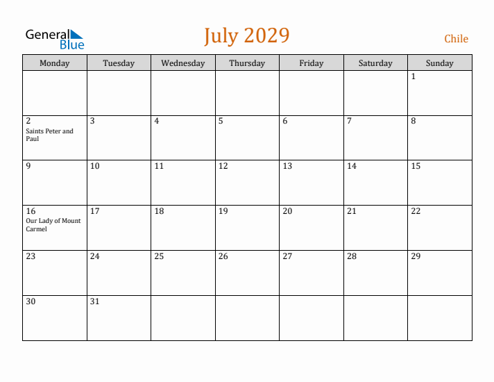 July 2029 Holiday Calendar with Monday Start